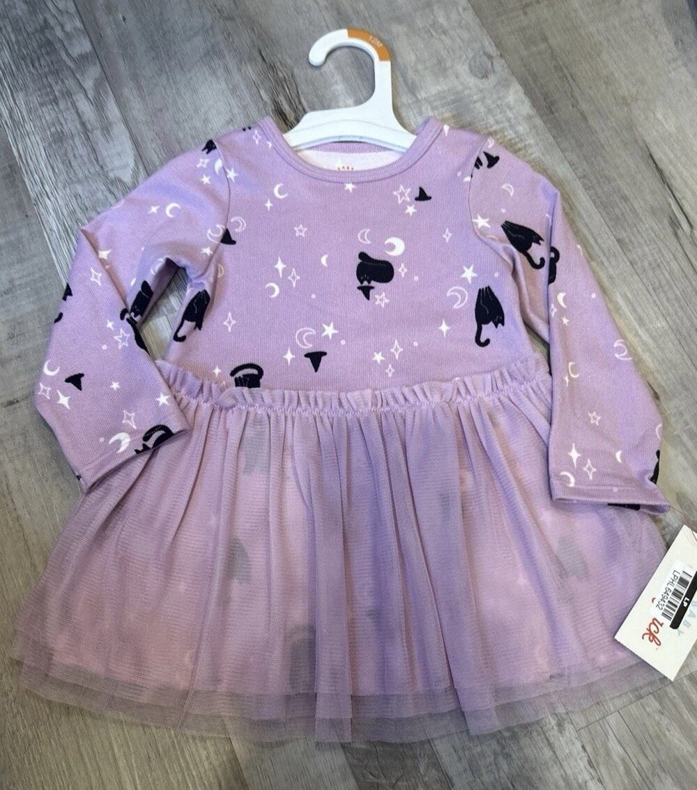 Nwt Baby Girl Halloween Long Sleeve Tulle Dress Cat & Jack Cat Witch Purple 12M